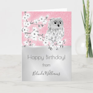 Pink Glitter Silver Owl Happy Birthday Card