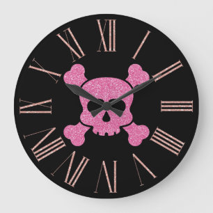 Pink Glitter Skull and Crossbones on Black Large Clock