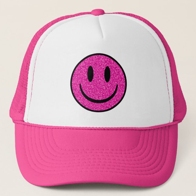 Pink Glitter Smile Face Trucker Hat (Front)