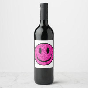 Pink Glitter Smile Face Wine Label