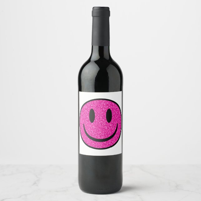 Pink Glitter Smile Face Wine Label (Front)