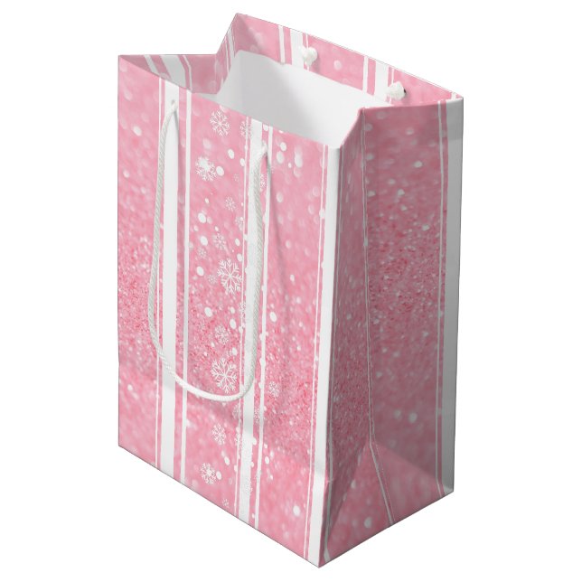 Pink Glitter Snowflake Holiday Medium Gift Bag (Front Angled)
