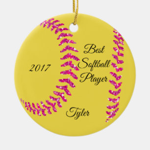 Pink Glitter Softball Stiches Ceramic Tree Decoration