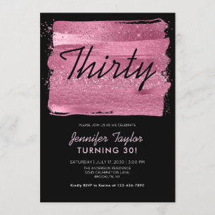 Pink Glitter Sparkle Brush Black 30th Birthday Invitation
