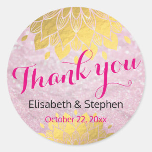 Pink Glitter Sparkle Gold Floral Wedding Thank You Classic Round Sticker