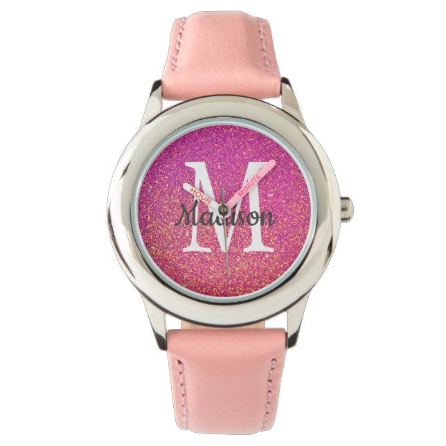 Pink Glitter Sparkle Monogram Name Watch (Front)