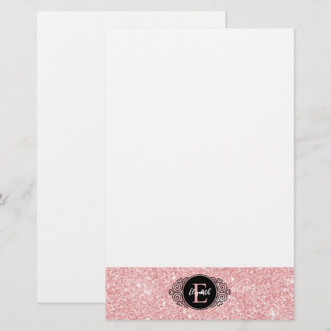 Pink Glitter Sparkle Monogram Personal Stationery (Front/Back)