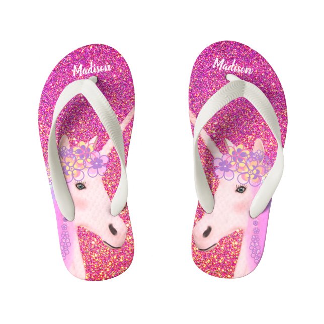 Pink Glitter Sparkle Unicorn Girls Personalised  Kid's Flip Flops (Footbed)