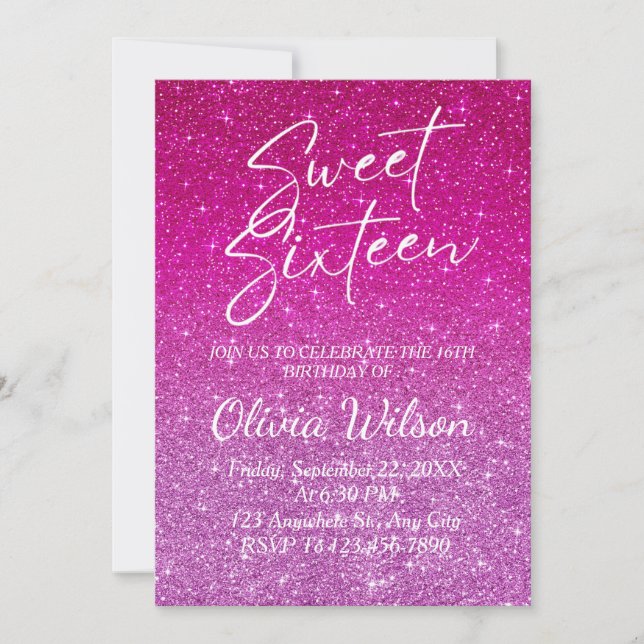 Pink Glitter Sparkles Ombre Sweet 16  Invitation (Front)