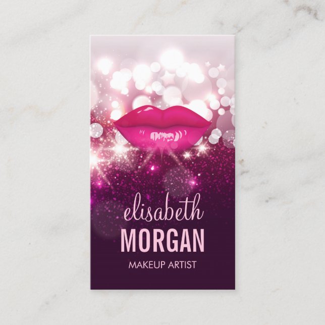 Pink Glitter Sparkling Makeup Artist Red Lips Business Card (Front)