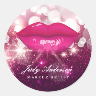 Pink Glitter Sparkling Red Lips Makeup Artist Classic Round Sticker
