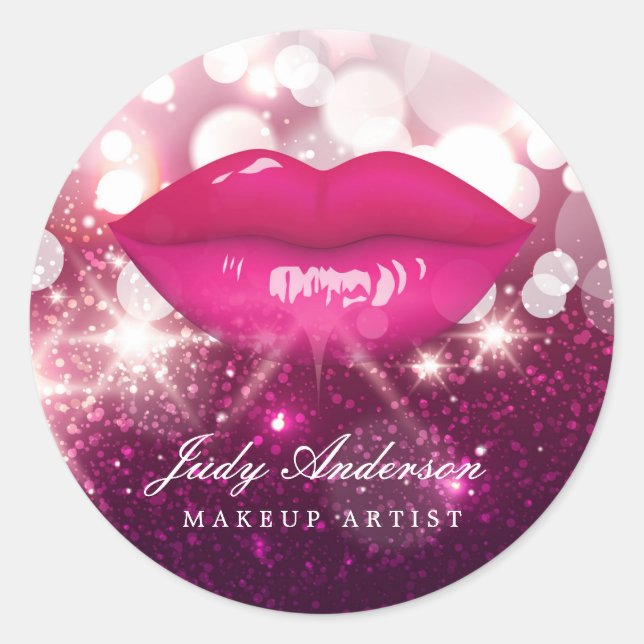Pink Glitter Sparkling Red Lips Makeup Artist Classic Round Sticker (Front)