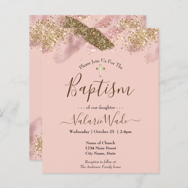 Pink Glitter Splash Baptism Budget Invitations (Front/Back)
