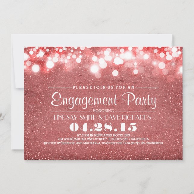 Pink glitter & string lights engagement party invitation (Front)