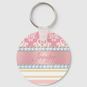 Pink Glitter, Stripe Faux Rhinestone Key Ring
