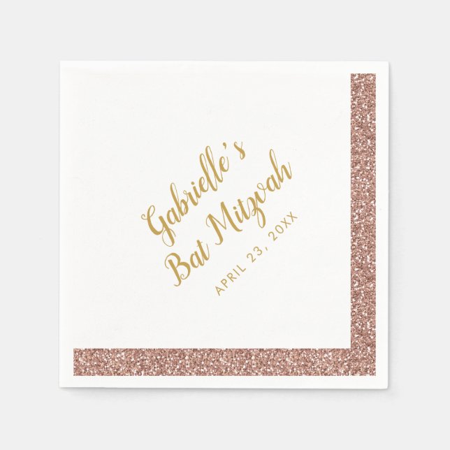 Pink Glitter Stripe Girly Rose Gold Bat Mitzvah Napkin (Front)