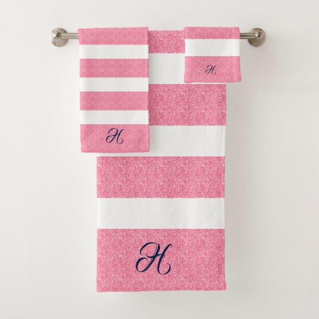 Pink Glitter Stripes Pattern on White Bath Towel Set (Insitu)