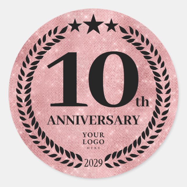  Pink Glitter Style 10th Anniversary Business Logo Classic Round Sticker (Front)