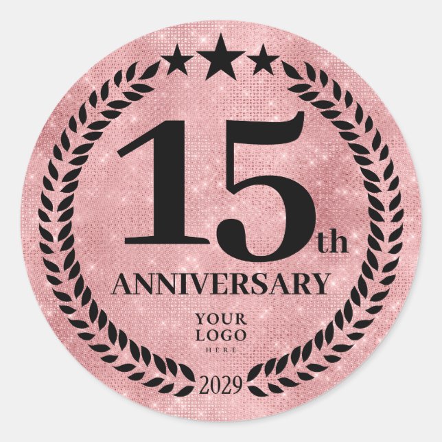  Pink Glitter Style 15th Anniversary Business Logo Classic Round Sticker (Front)