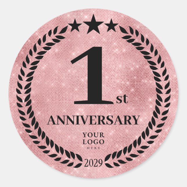  Pink Glitter Style 1st Anniversary Business Logo Classic Round Sticker (Front)