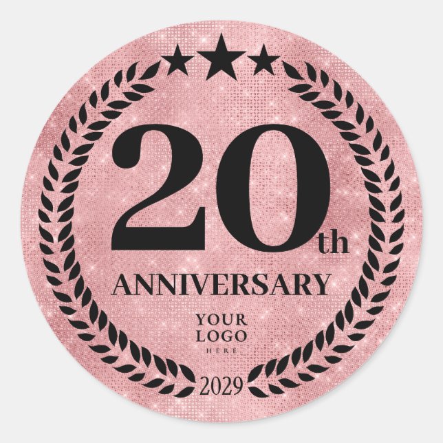 Pink Glitter Style 20th Anniversary Business Logo Classic Round Sticker (Front)