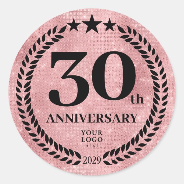  Pink Glitter Style 30th Anniversary Business Logo Classic Round Sticker (Front)