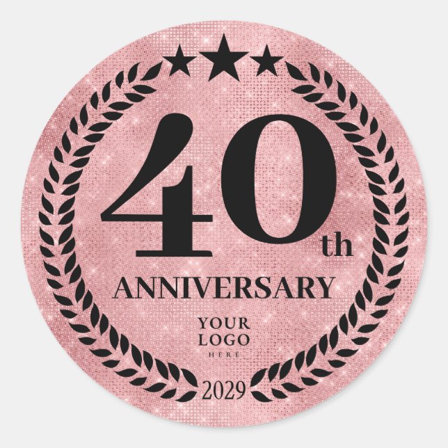  Pink Glitter Style 40th Anniversary Business Logo Classic Round Sticker (Front)