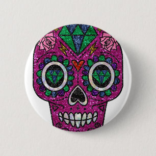 pink glitter sugar skull 6 cm round badge