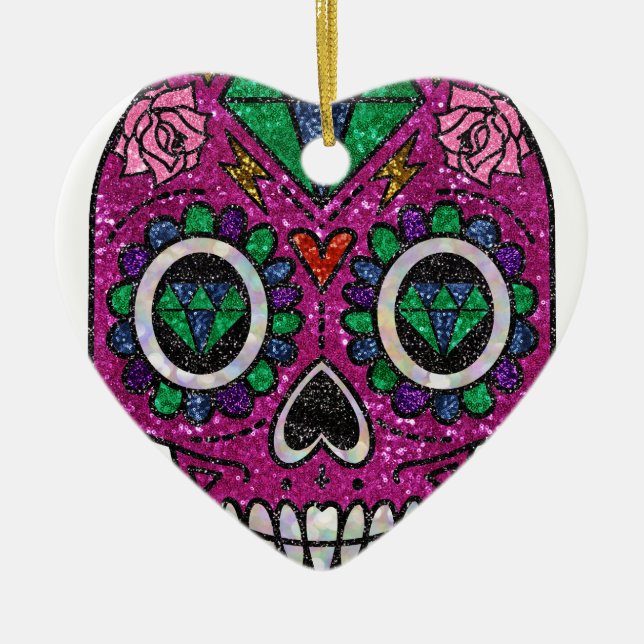 pink glitter sugar skull ceramic tree decoration (Front)