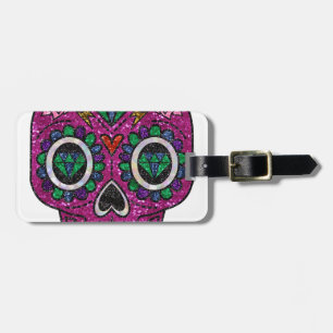 pink glitter sugar skull luggage tag