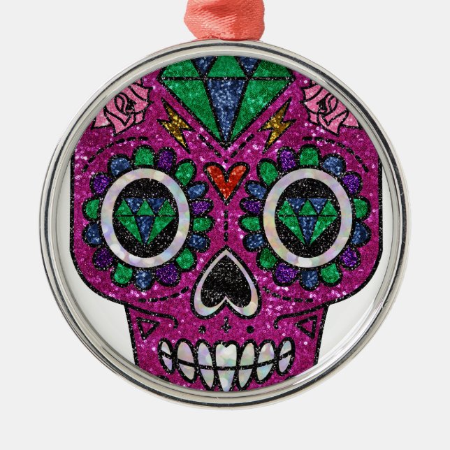 pink glitter sugar skull metal tree decoration (Front)