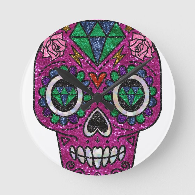 pink glitter sugar skull round clock (Front)