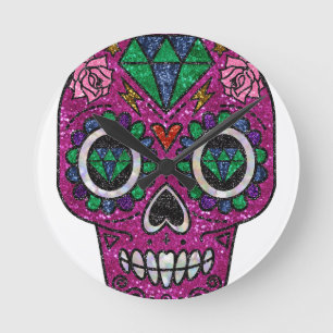 pink glitter sugar skull round clock