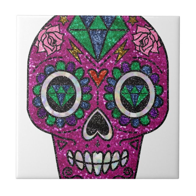 pink glitter sugar skull tile (Front)
