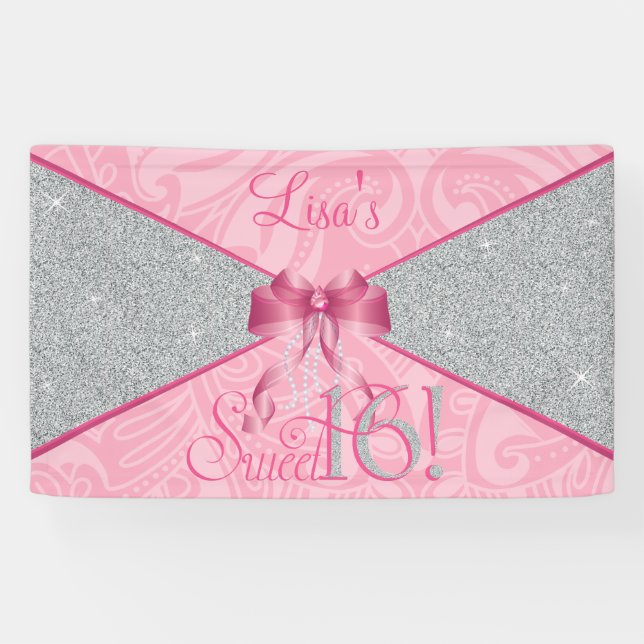 Pink Glitter, Sweet 16 Banner (Horizontal)