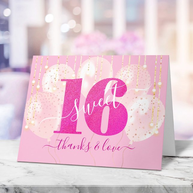 Pink Glitter Sweet 16 Birthday Balloon Girly Glam Thank You Card (Creator Uploaded)