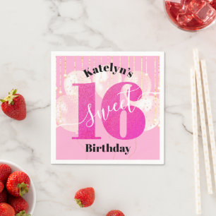 Pink Glitter Sweet 16 Birthday Balloons Script Napkin