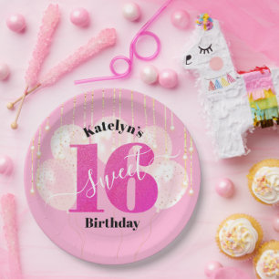 Pink Glitter Sweet 16 Birthday Balloons Script Paper Plate