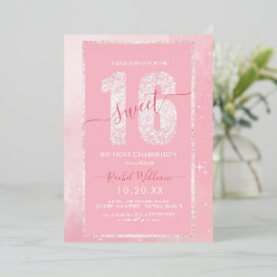 Pink Glitter Sweet 16 Birthday Invitation for Girl