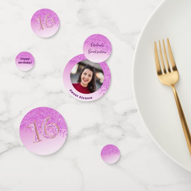 Pink Glitter Sweet 16 Birthday with Photo Confetti (Group)