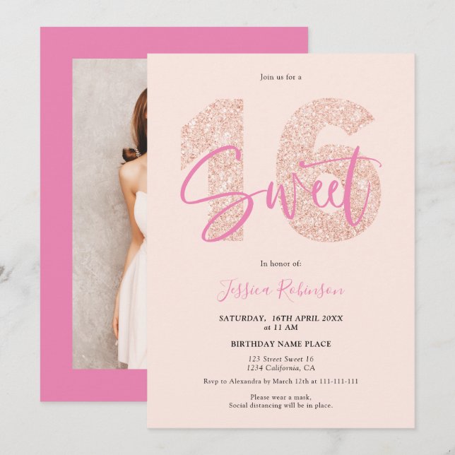 Pink glitter Sweet 16 blush script photo birthday Invitation (Front/Back)