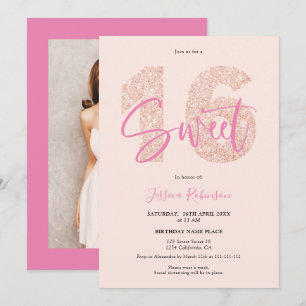 Pink glitter Sweet 16 blush script photo birthday Invitation