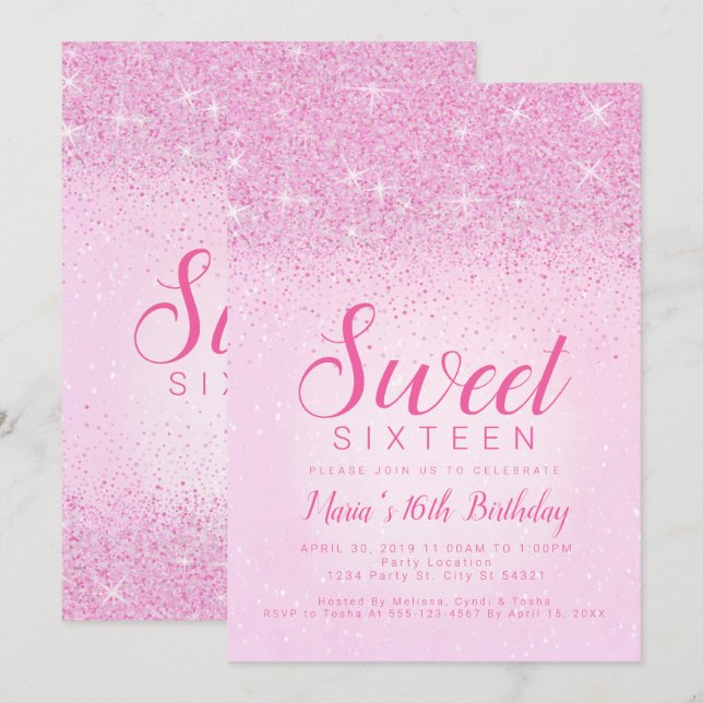 Pink Glitter, Sweet 16 Invitations (Front/Back)