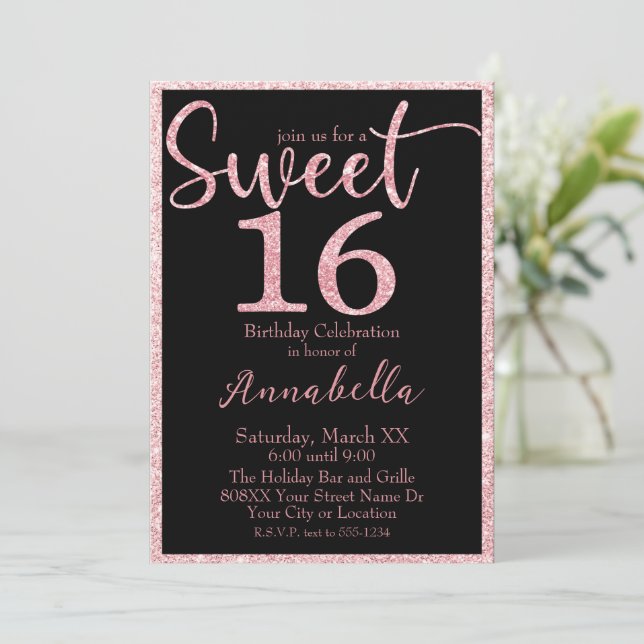 Pink Glitter Sweet 16 on Black Birthday Invitation (Standing Front)