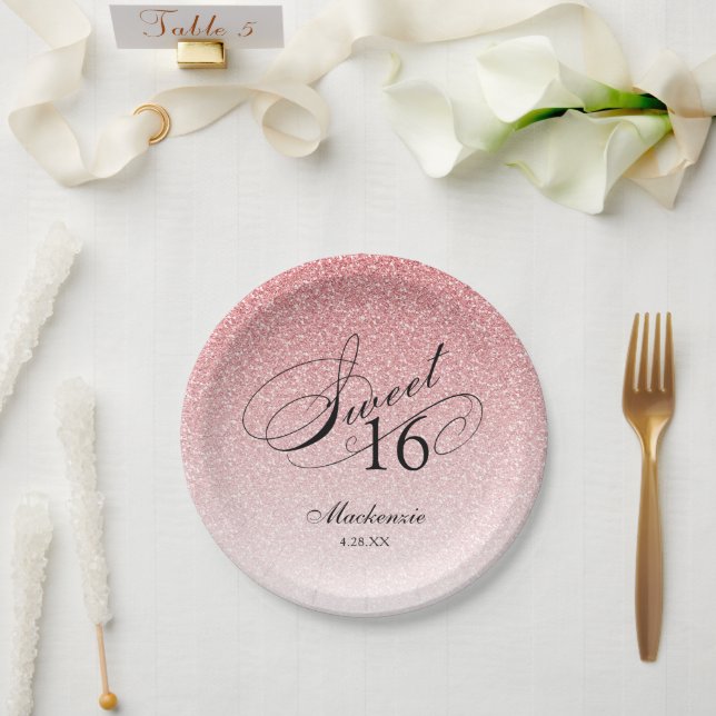 Pink Glitter Sweet 16 Personalised Paper Plate (Wedding)
