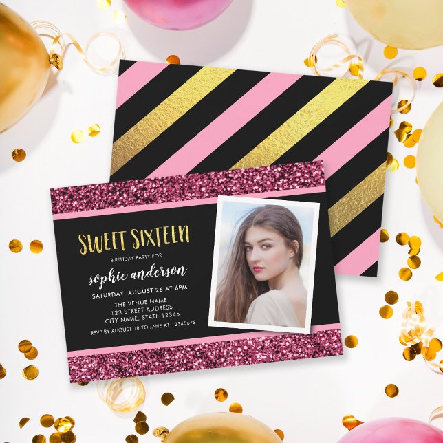 Pink Glitter Sweet 16 Photo Birthday Invitation (Creator Uploaded)
