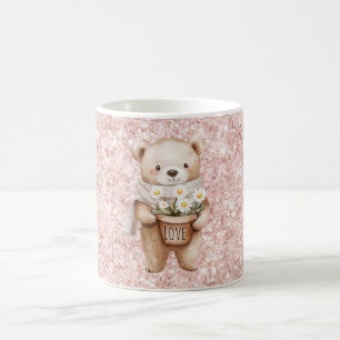 Pink Glitter Sweet Bear Daisy Flowers Coffee Mug