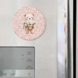 Pink Glitter Sweet Bear Daisy Flowers Magnet