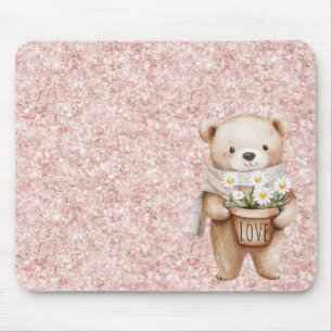 Pink Glitter Sweet Bear Daisy Flowers Mouse Mat
