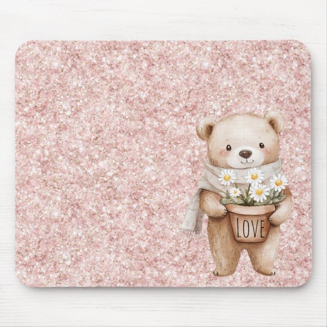 Pink Glitter Sweet Bear Daisy Flowers Mouse Mat (Front)